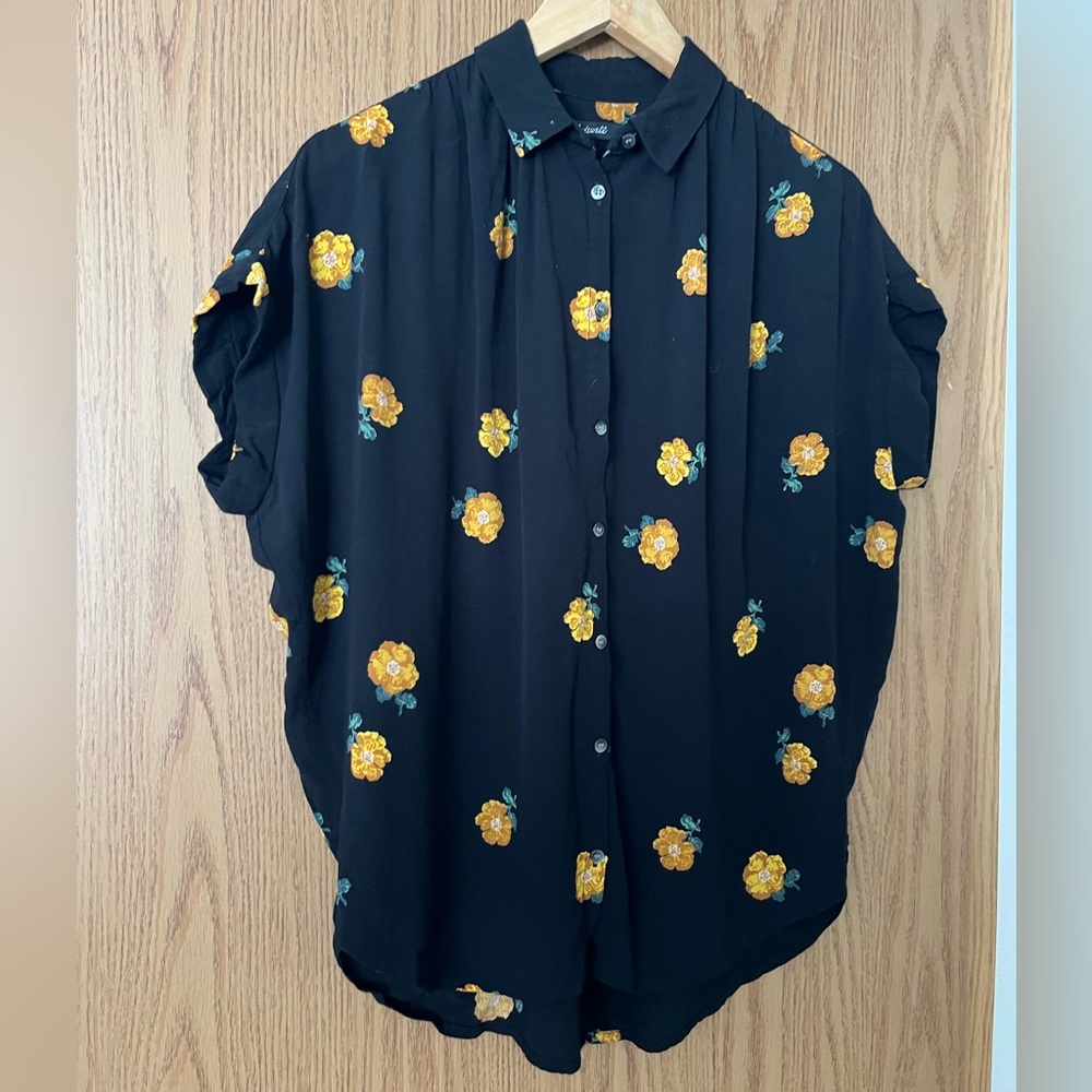 Madewell Black with Yellow Flowers Central Drapey Shirt XS